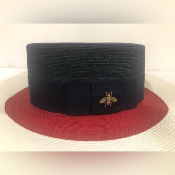 NWT Gucci Blue/Red/White Papier Wide Brim Straw Bee Hat Size L $590.00 *2023* main image 6